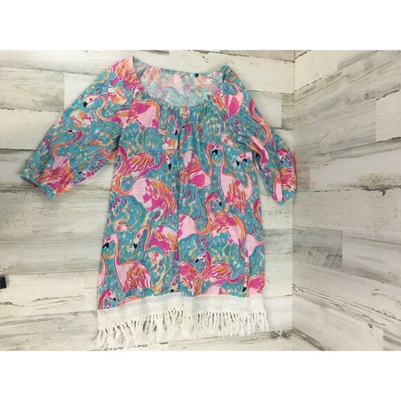 Lilly Pulitzer Sz S Alia Swim Coverup Dress Peel and Eat Flamingo with Fringe - Picture 11 of 14